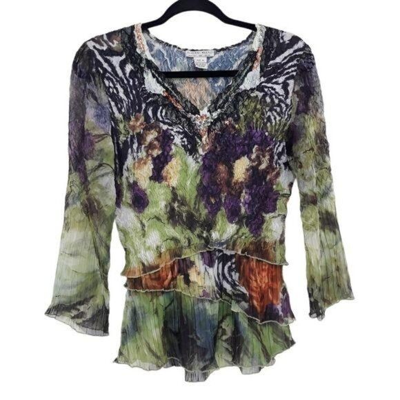 Vtg Alberto Makali Mixed Media Crinkle Textured Tiered Animal Floral Top Sz M - Picture 1 of 13